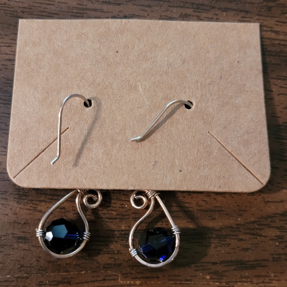 Gold Silver S Swirl Earrings with Dark Blue Crystal - Picture 2 of 2